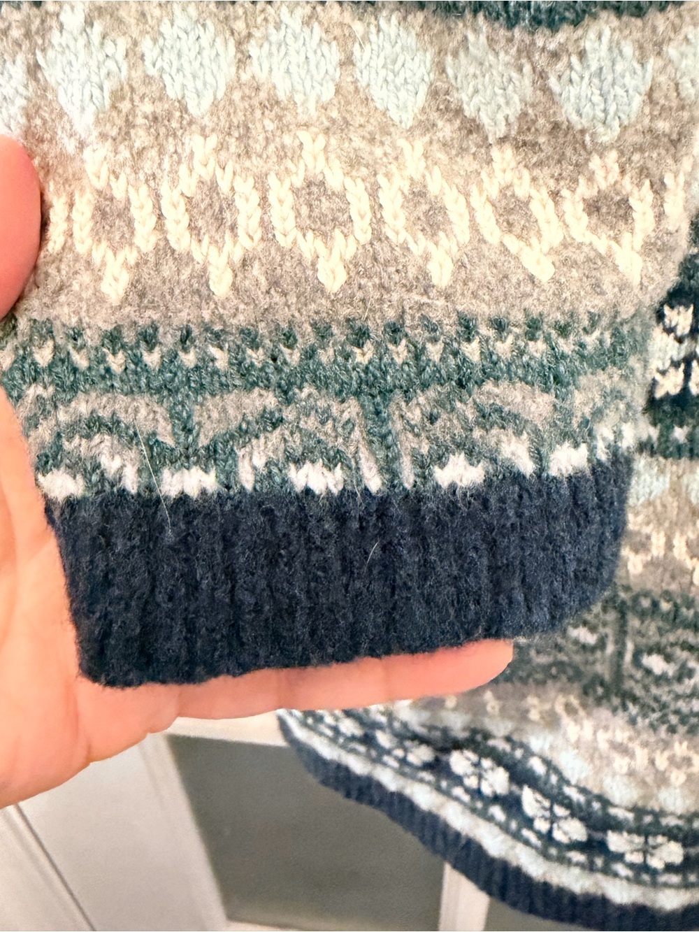J. Jill Fair Isle Nordic Long Line Cardigan in Teal, Cream, Gray W/ Pockets - Picture 6 of 10